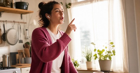 A woman in a sunlit kitchen, earbuds in, saying a Mandarin syllable out loud while tracing its rising pitch in the air with one finger.