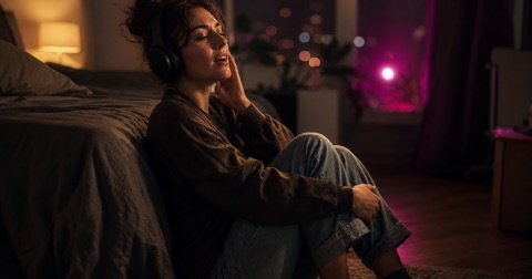 A woman in over-ear headphones in a dim room, eyes closed, catching the difference between two Mandarin tones.