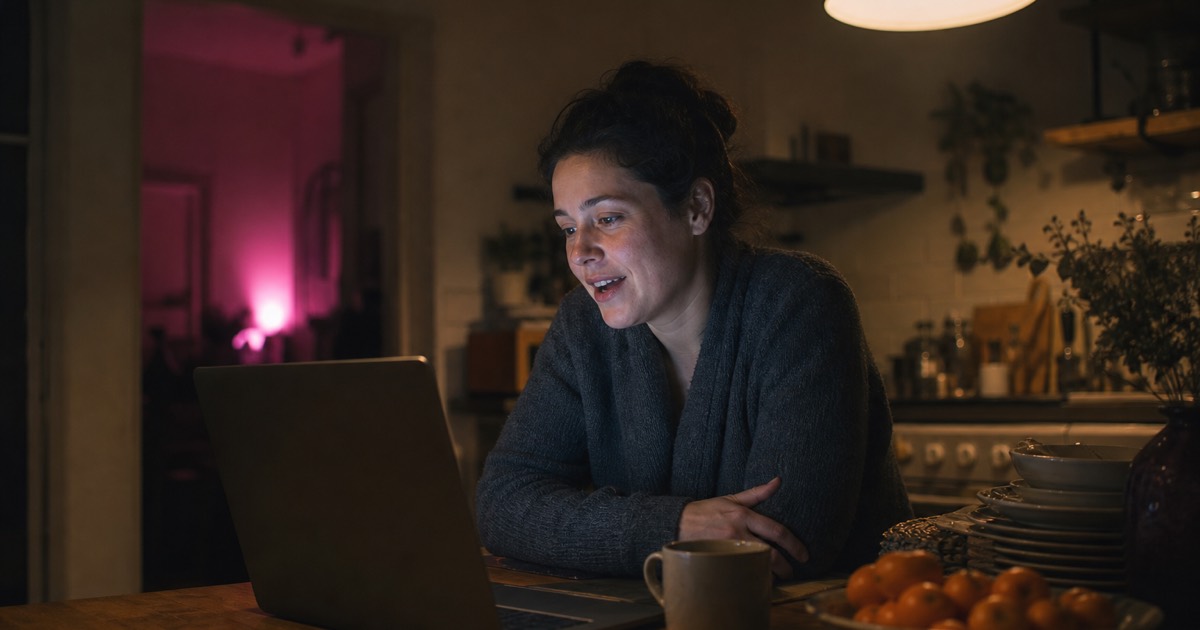 A woman at a kitchen table late at night, mid-sentence on a video call with family.