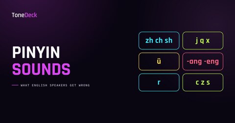 A ToneDeck card headed Pinyin Sounds, with the letter groups zh ch sh, j q x, ü, ang eng, r and c z laid out as coloured tiles.